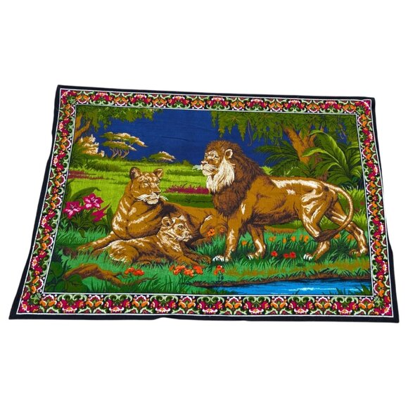 Vintage Tapestry Wall Hanging Lion In A Jungle 54" x 38" - Picture 2 of 9